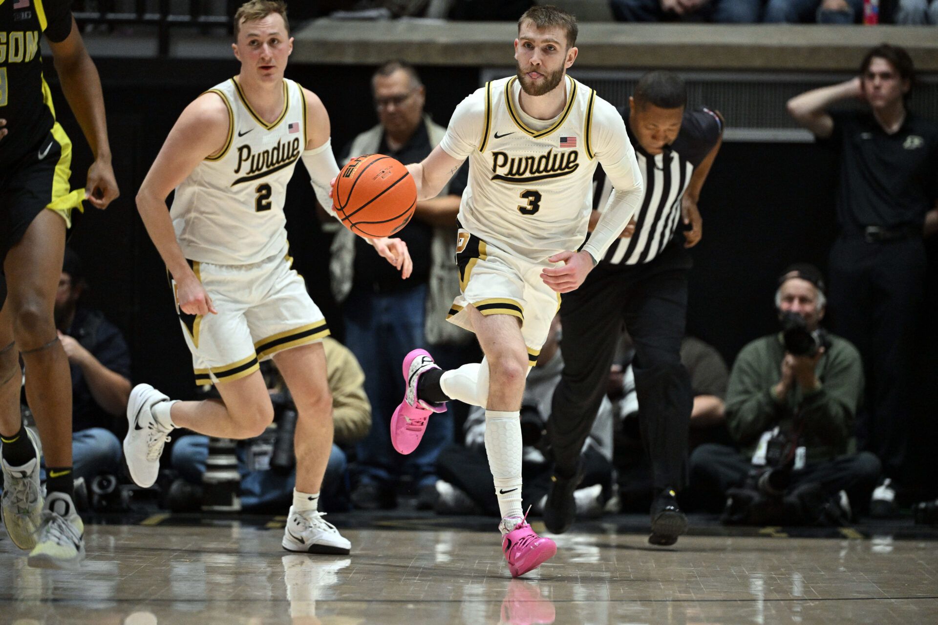Purdue Boilermakers guard Braden Smith (3) dribbles the ball down the court during the second half against the Oregon Ducks at Mackey Arena.