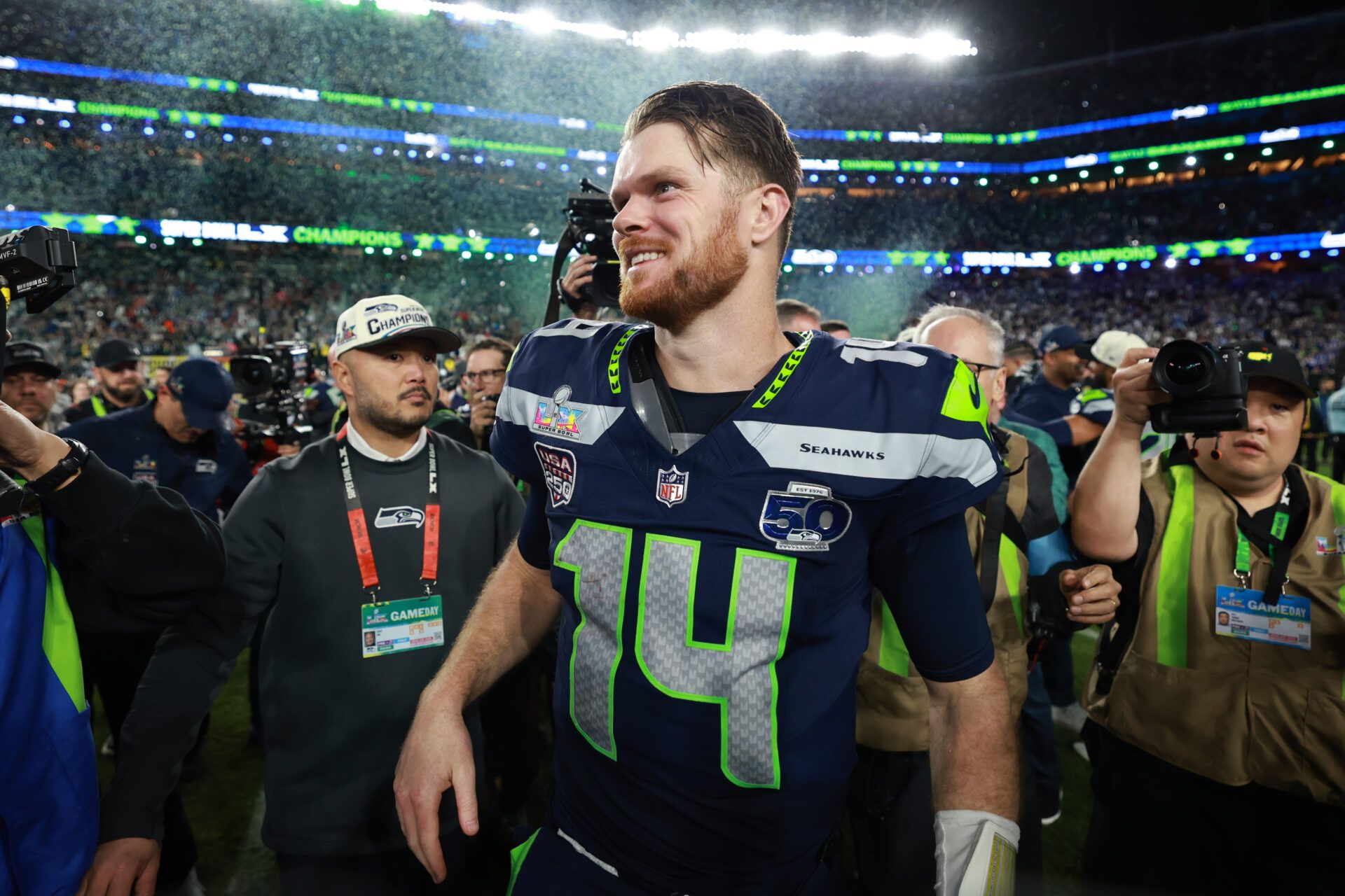 Seattle Seahawks quarterback Sam Darnold (14) celebrates after defeating the New England Patriots in Super Bowl LX at Levi's Stadium.