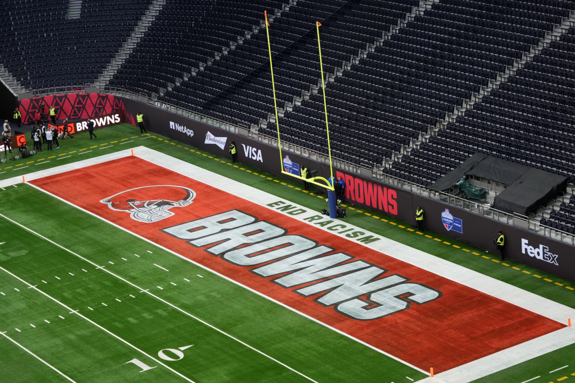 The Cleveland Browns logo in the end zone during an NFL International Series game at Tottenham Hotspur Stadium.