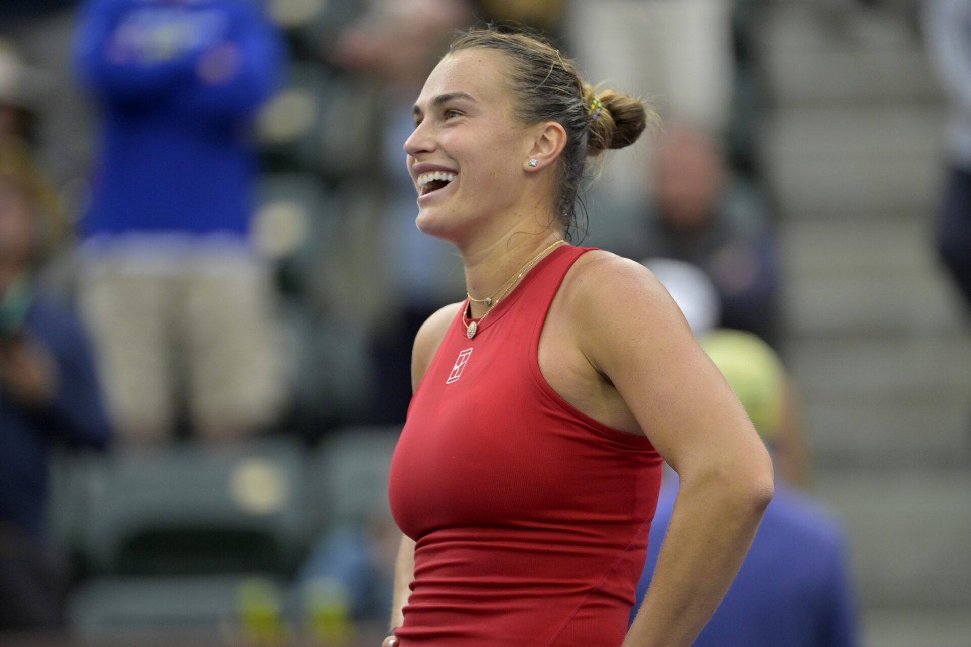 Aryna Sabalenka (BEL) smiles during her on court interview after defeating Sonay Kartal (not pictured) in round four of the BNP Paribas Open at the Indian Well Tennis Garden.