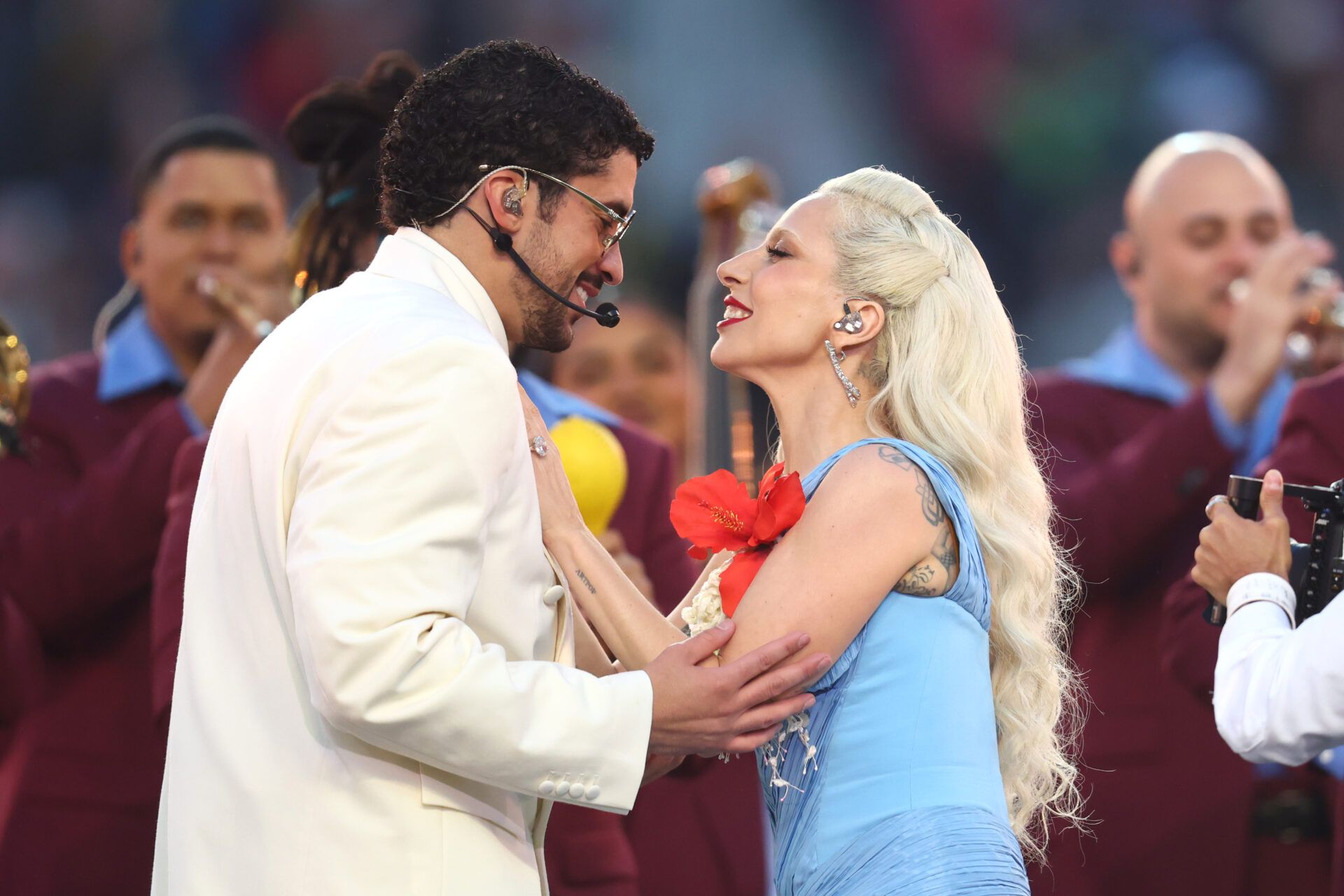 Bad Bunny and Lady Gaga perform the halftime show in Super Bowl LX between the Seattle Seahawks and the New England Patriots at Levi's Stadium.