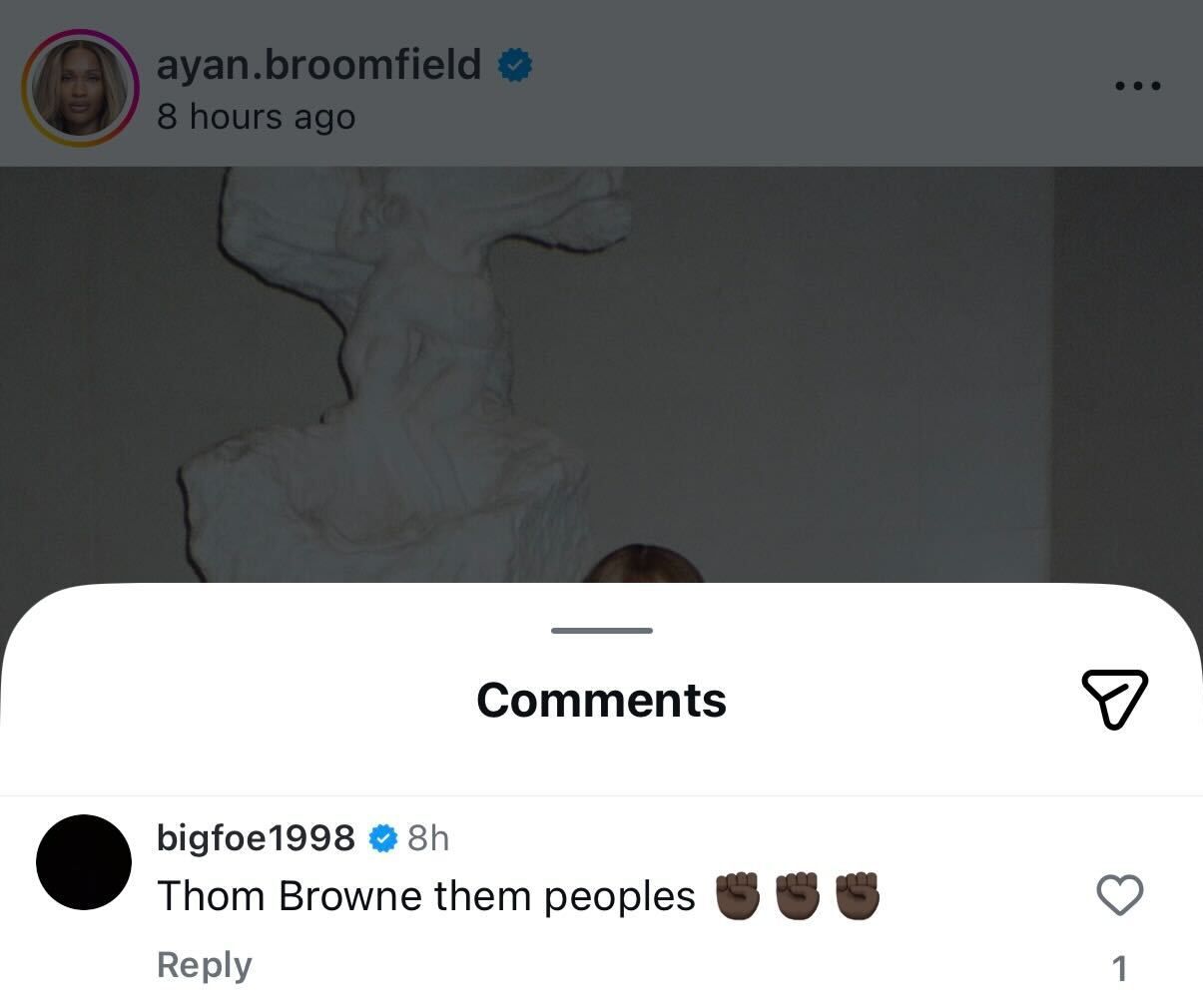 Screen grab of Frances Tiafoe's comment on his girlfriend Ayan Broomfield's Instagram post