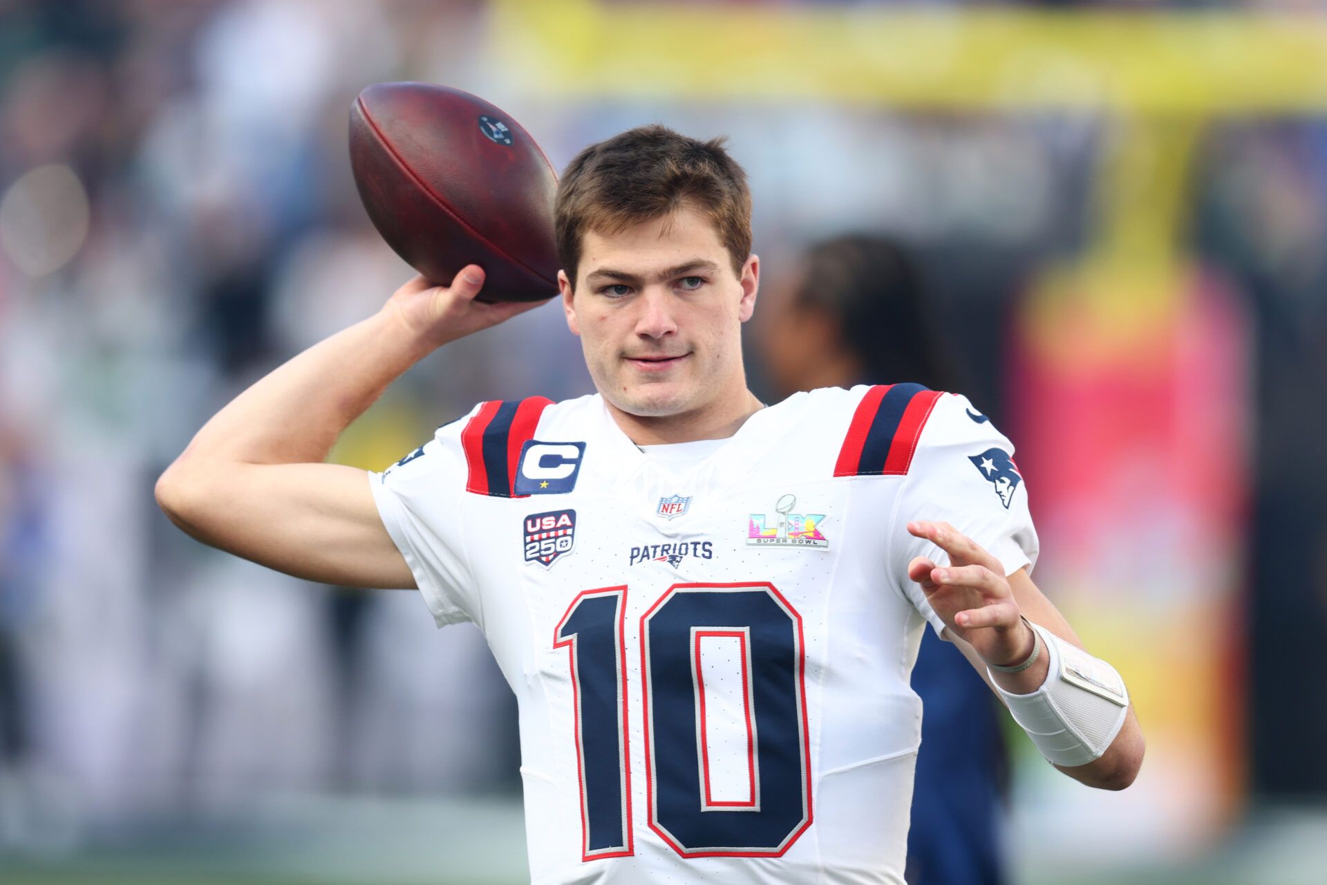 New England Patriots quarterback Drake Maye (10) warms up before Super Bowl LX against the Seattle Seahawks at Levi's Stadium.