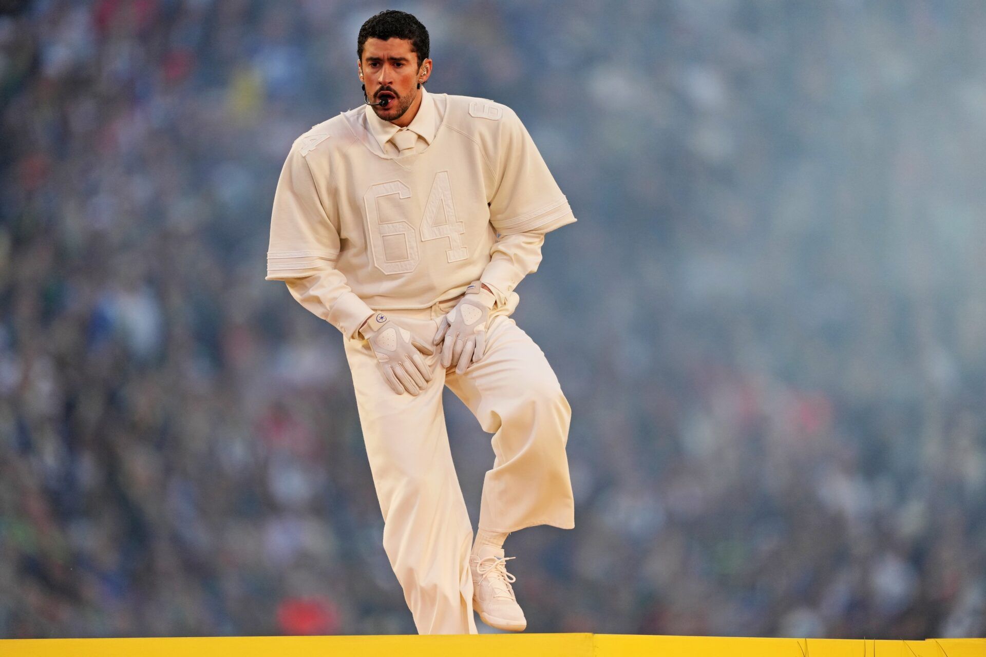 Bad Bunny performs during the half time show at the game between New England Patriots and Seattle Seahawks in Super Bowl LX at Levi's Stadium.
