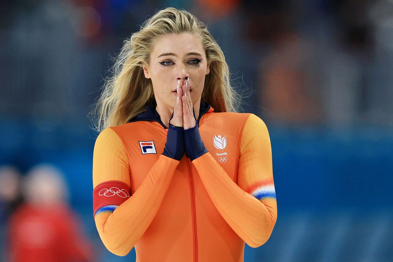 Jutta Leerdam of the Netherlands reacts after winning gold in the women's speed skating 1000m during the Milano Cortina 2026 Olympic Winter Games at Milano Speed Skating Stadium.