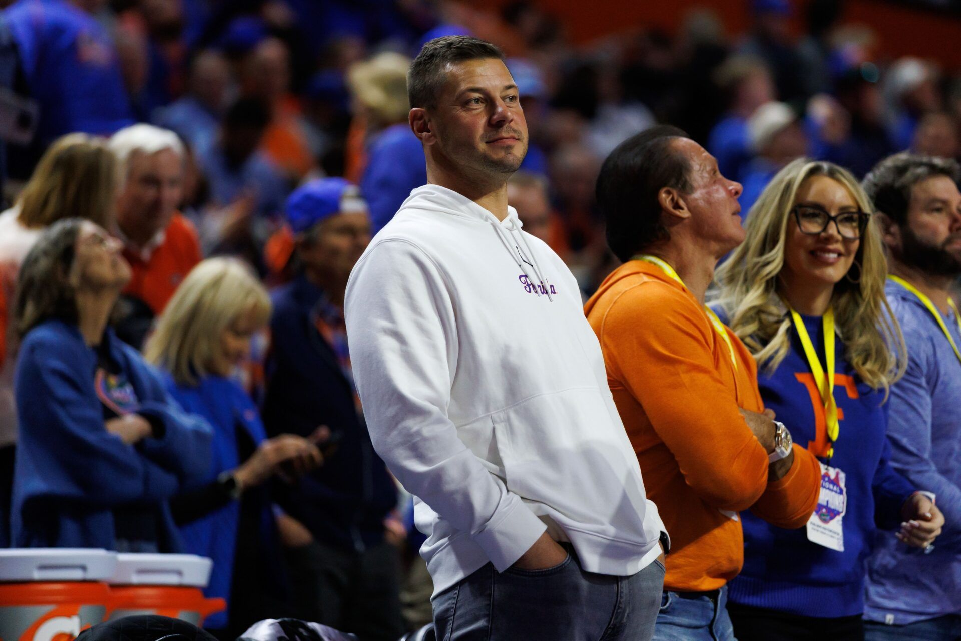 Florida Gators Football head coach Jon Sumrall looks on against the Alabama Crimson Tide during the second half at Exactech Arena at the Stephen C. O'Connell Center.