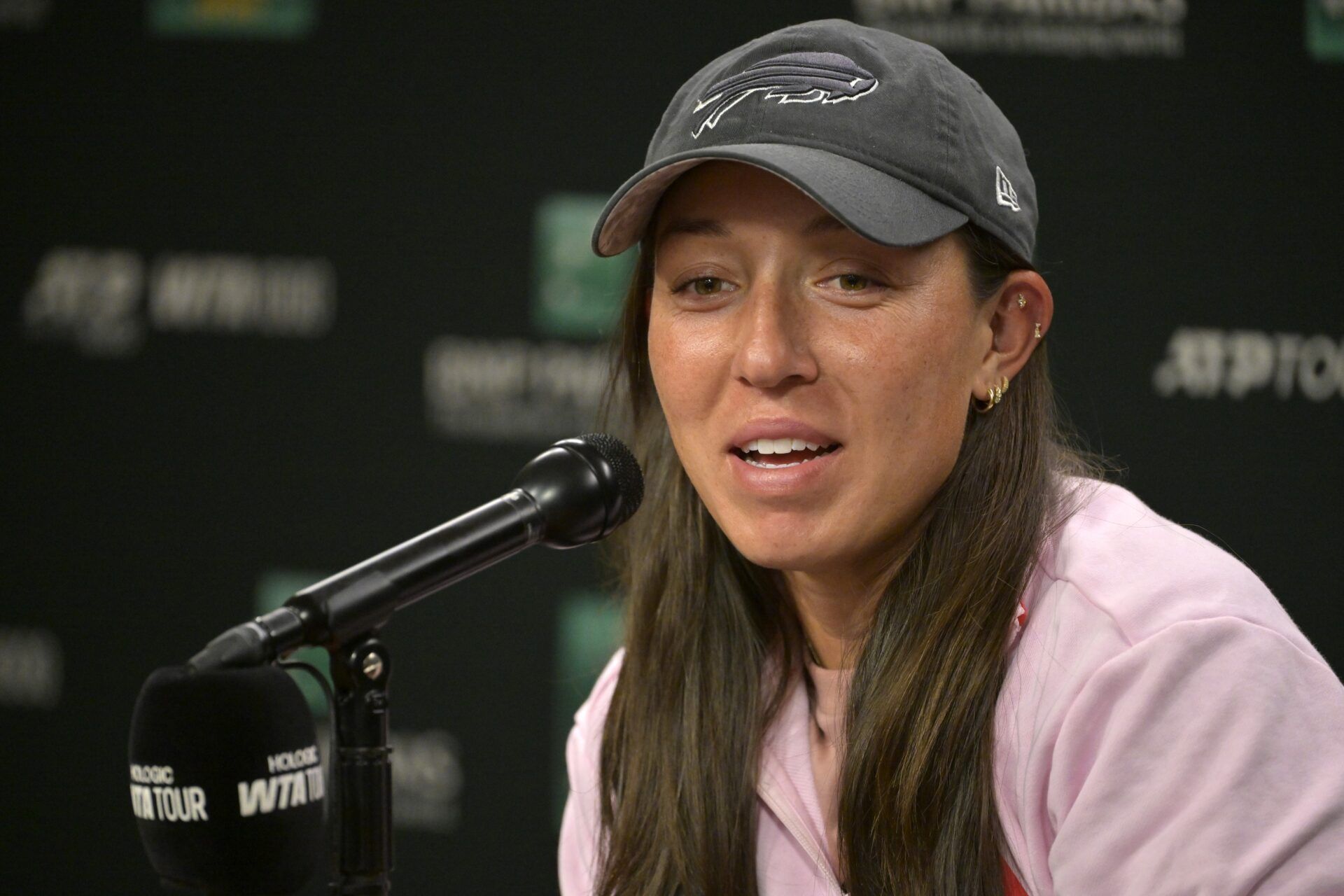 Jessica Pegula (USA) talks to the media during a news conference during the BNP Paribas Open at the Indian Well Tennis Garden.