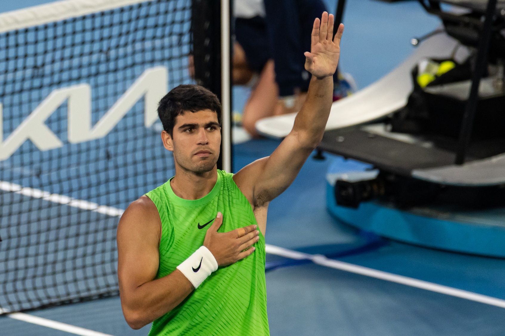 Carlos Alcaraz of Spain celebrates his victory over Alexander Zverev of Germany in the semifinals of the mens singles at the Australian Open at Rod Laver Arena in Melbourne Park.
