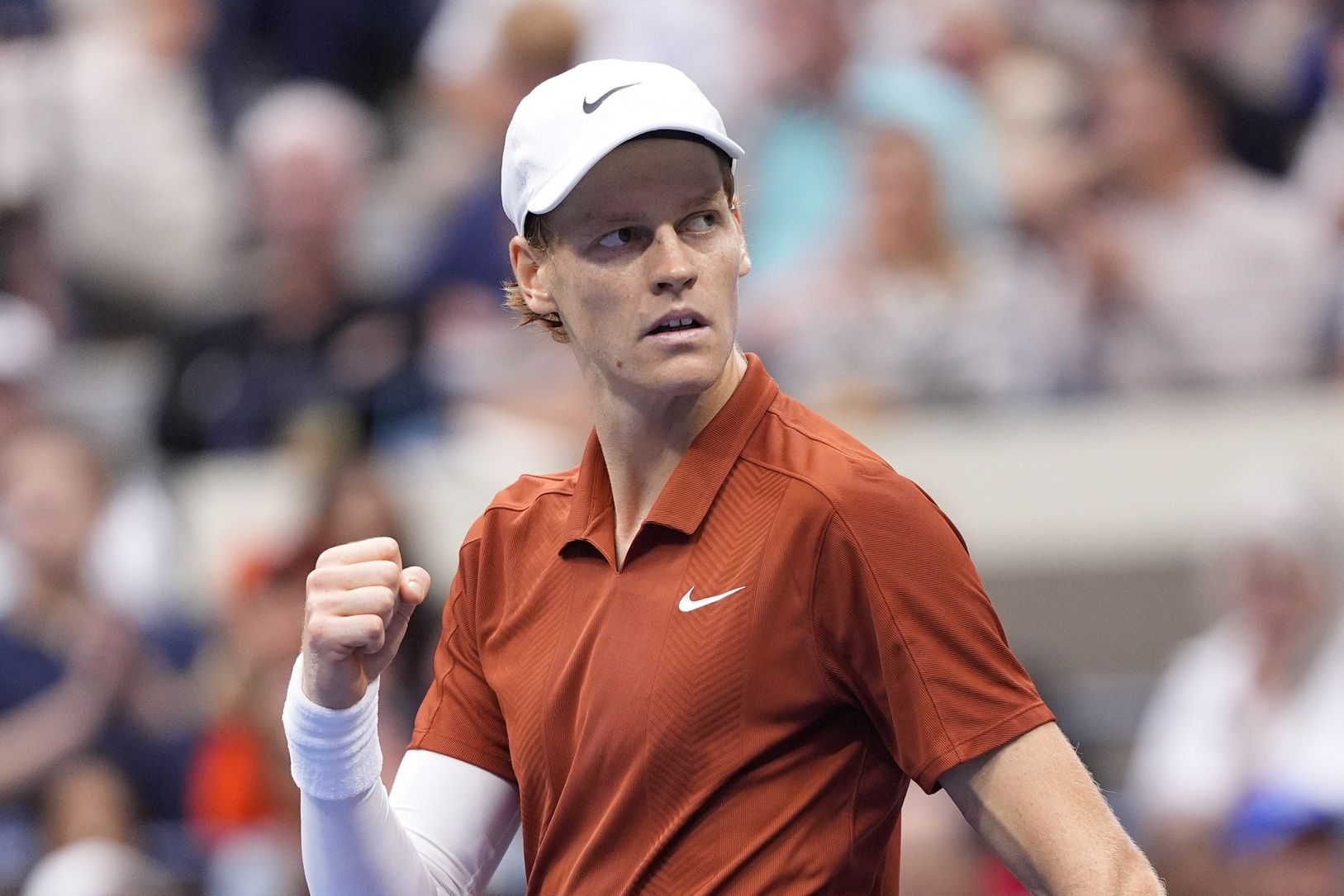 Jannik Sinner (ITA) reacts against Carlos Alcaraz (ESP) (not pictured) during the final of mens singles at Billie Jean King National Tennis Center.