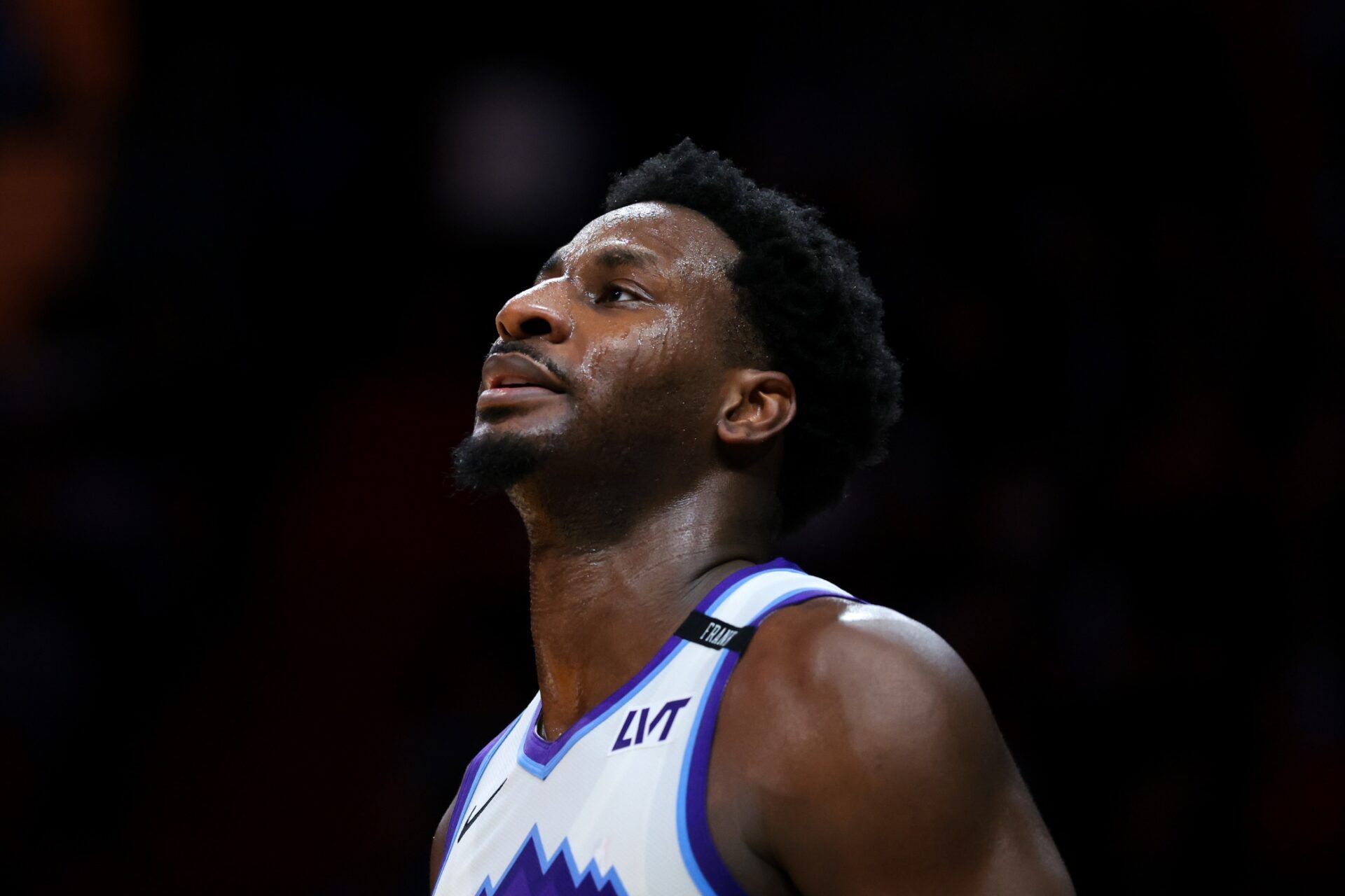 Utah Jazz forward Jaren Jackson Jr. (20) looks on against the Miami Heat during the second quarter at Kaseya Center.
