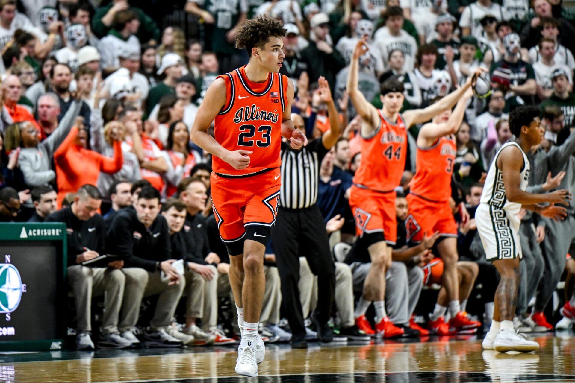 Illinois' Keaton Wagler celebrates a 3-pointer against Michigan State during the second half on Saturday, Feb. 7, 2026, at the Breslin Center in East Lansing.