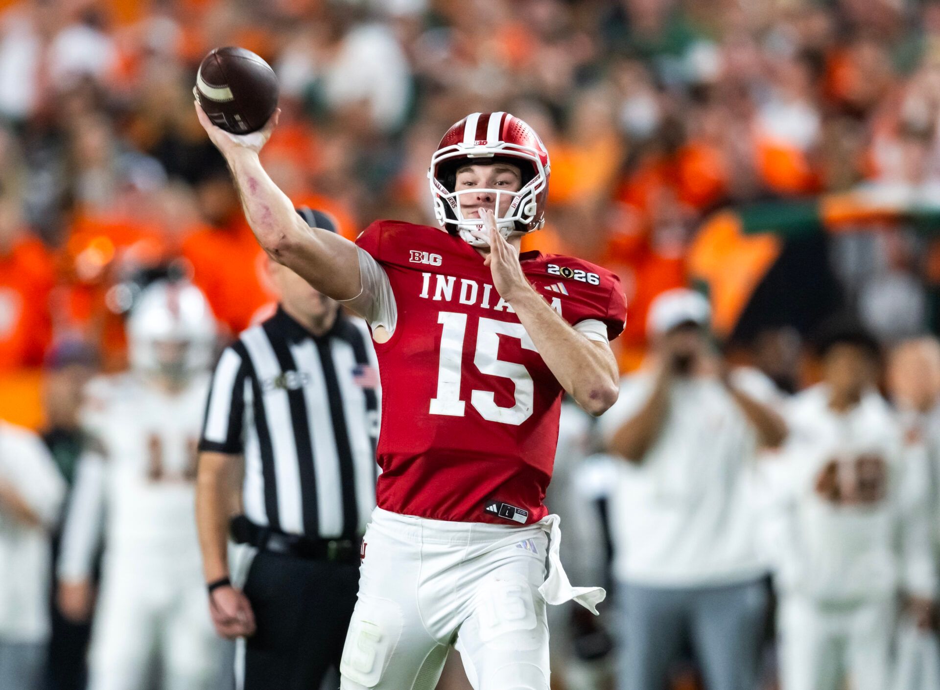 Indiana Hoosiers quarterback Fernando Mendoza (15) against the Miami Hurricanes in the College Football Playoff National Championship game at Hard Rock Stadium.