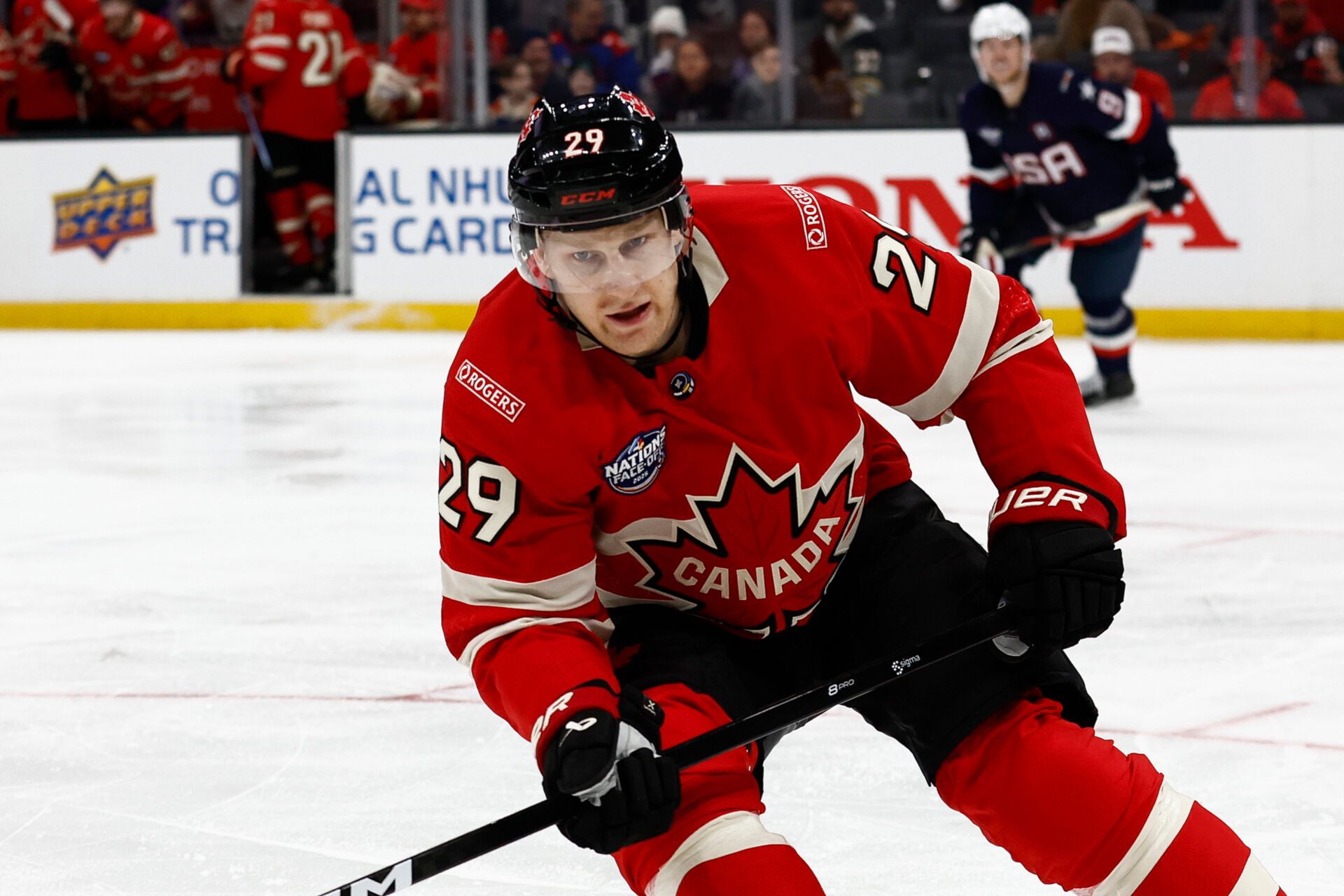 Team Canada forward Nathan MacKinnon (29) at TD Garden.