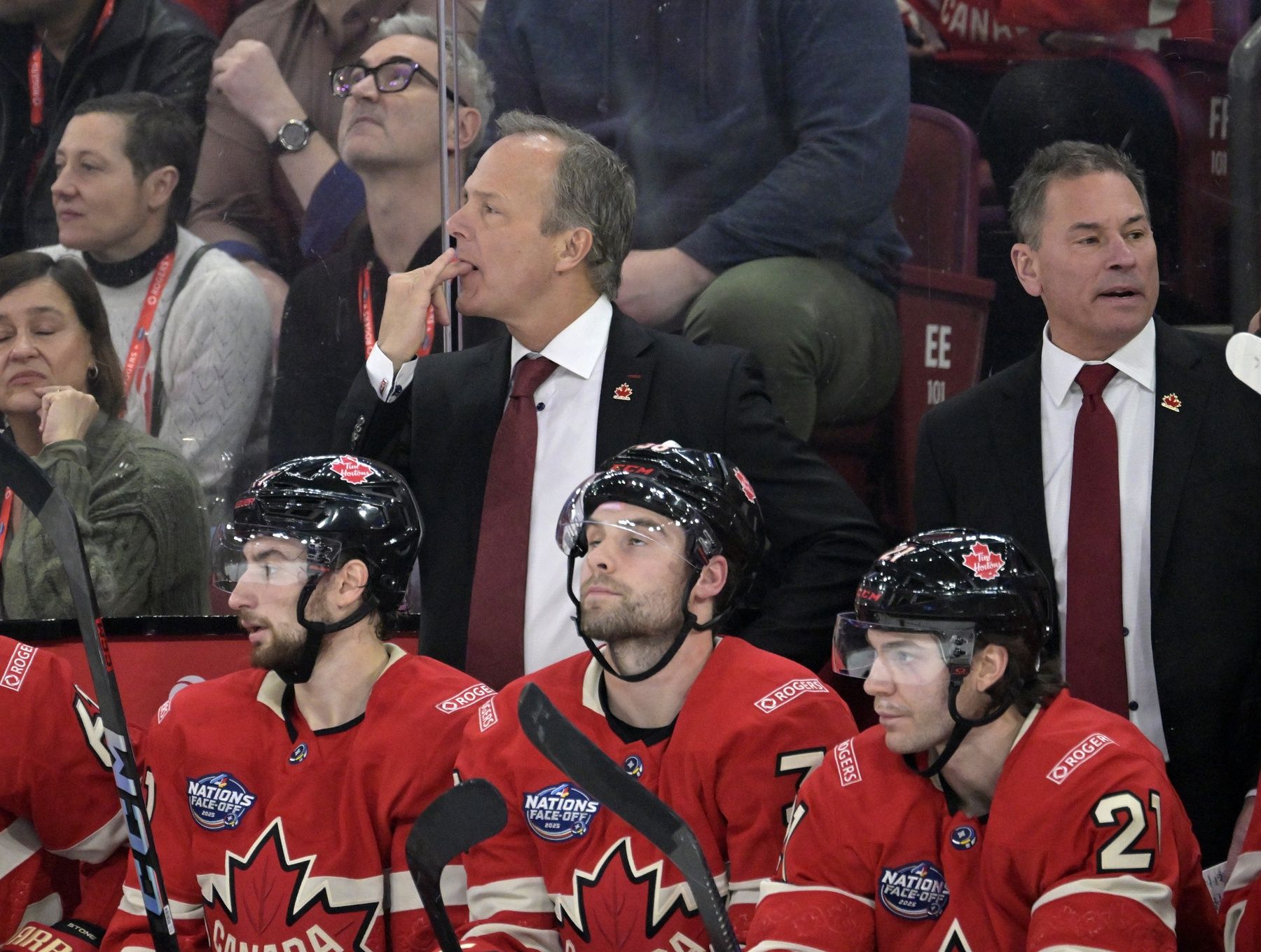 [Imagn Images direct customers only] Team Canada head coach Jon Cooper in the first period during a 4 Nations Face-Off ice hockey game against Team United States at the Bell Centre.