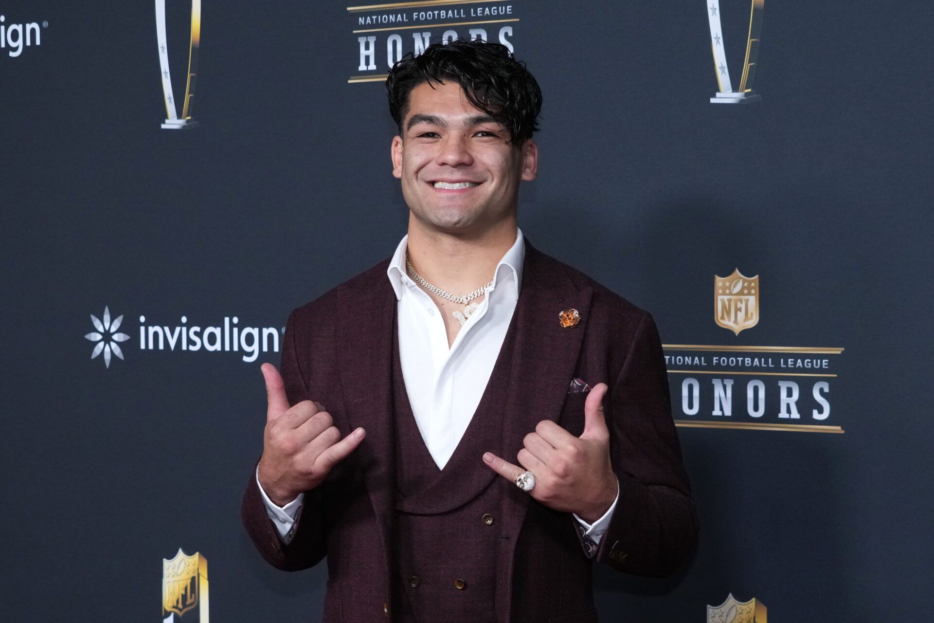 Puka Nacua on the NFL Honors Red Carpet before Super Bowl LX at Palace of Fine Arts.