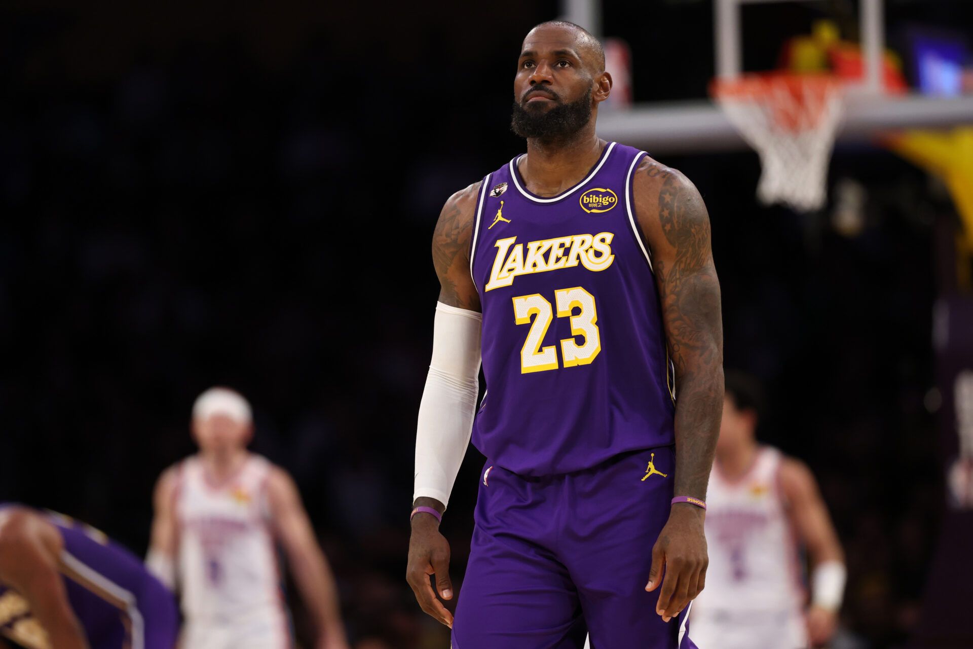 Los Angeles Lakers forward LeBron James (23) looks on during the fourth quarter against the Oklahoma City Thunder at Crypto.com Arena.