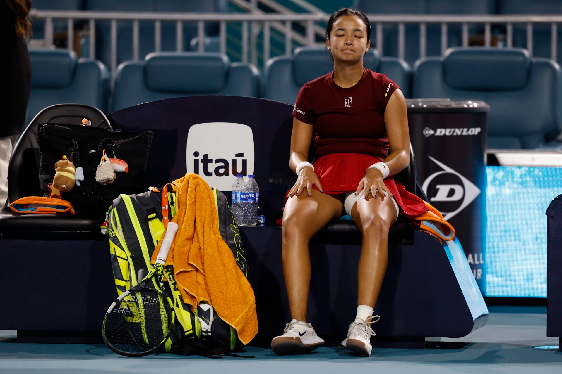 Alexandra Eala (PHL) sits in her player's chair after her match against Jessica Pegula (USA)(not pictured) in a women's singles semifinal on day ten of the Miami Open at Hard Rock Stadium.
