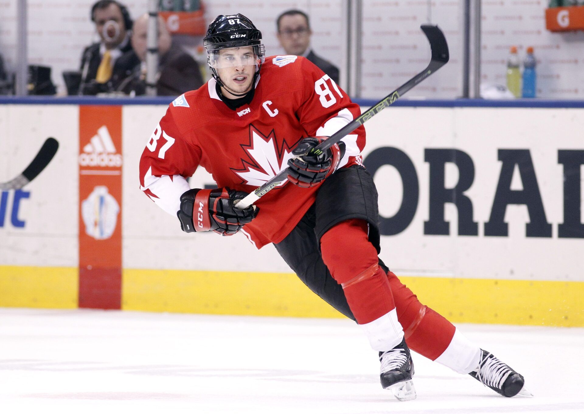 Team Canada center Sidney Crosby (87) skates against Team Europe during the third period in game one of the World Cup of Hockey final at Air Canada Centre.