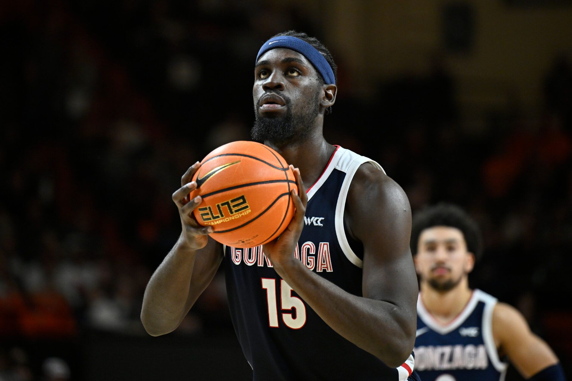 Gonzaga Bulldogs forward Graham Ike (15) shoots a free throw against the Oregon State Beavers in the second half at Gill Coliseum.