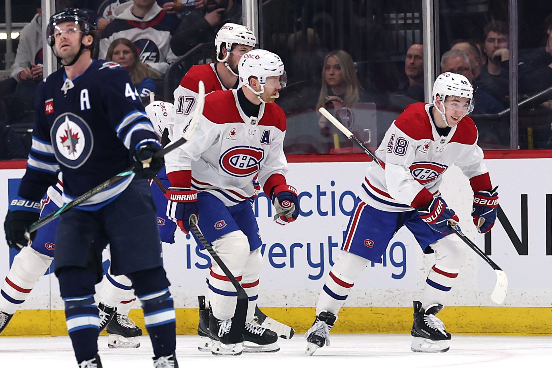 Montreal Canadiens defenseman Lane Hutson (48) celebrates a goal against the Winnipeg Jets in the second period at Canada Life Centre.