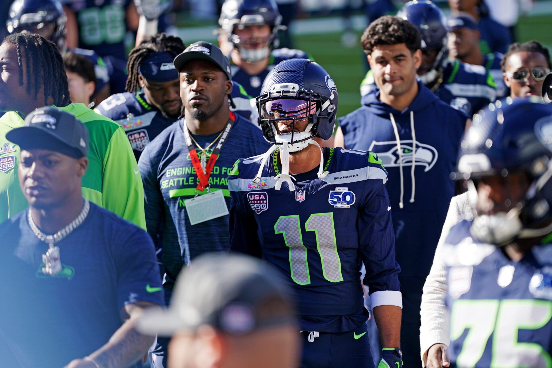 Seattle Seahawks wide receiver Jaxon Smith-Njigba (11) warms up before the game against the New England Patriots in Super Bowl LX at Levi's Stadium.