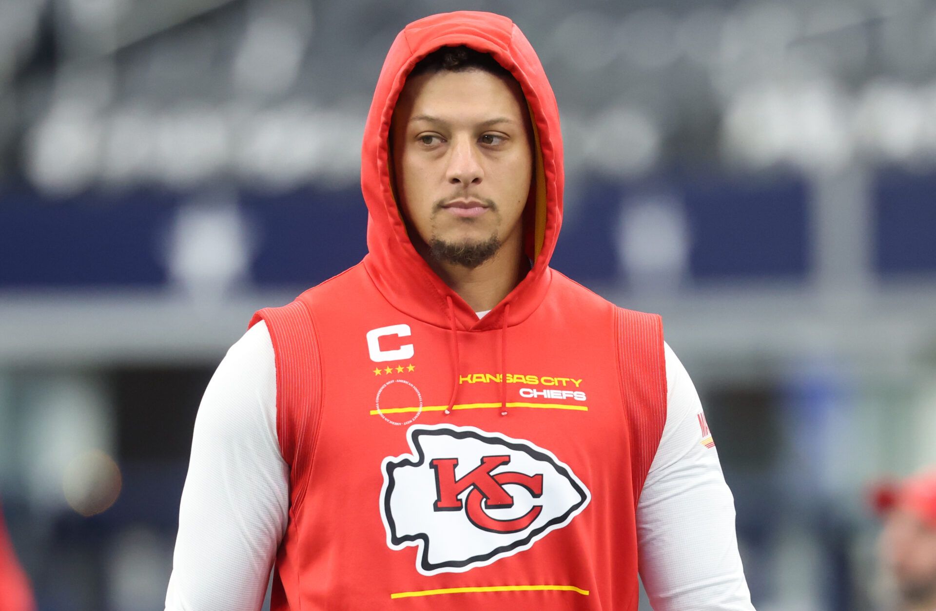 Kansas City Chiefs quarterback Patrick Mahomes (15) walks on the field prior to the game against the Dallas Cowboys at AT&T Stadium.