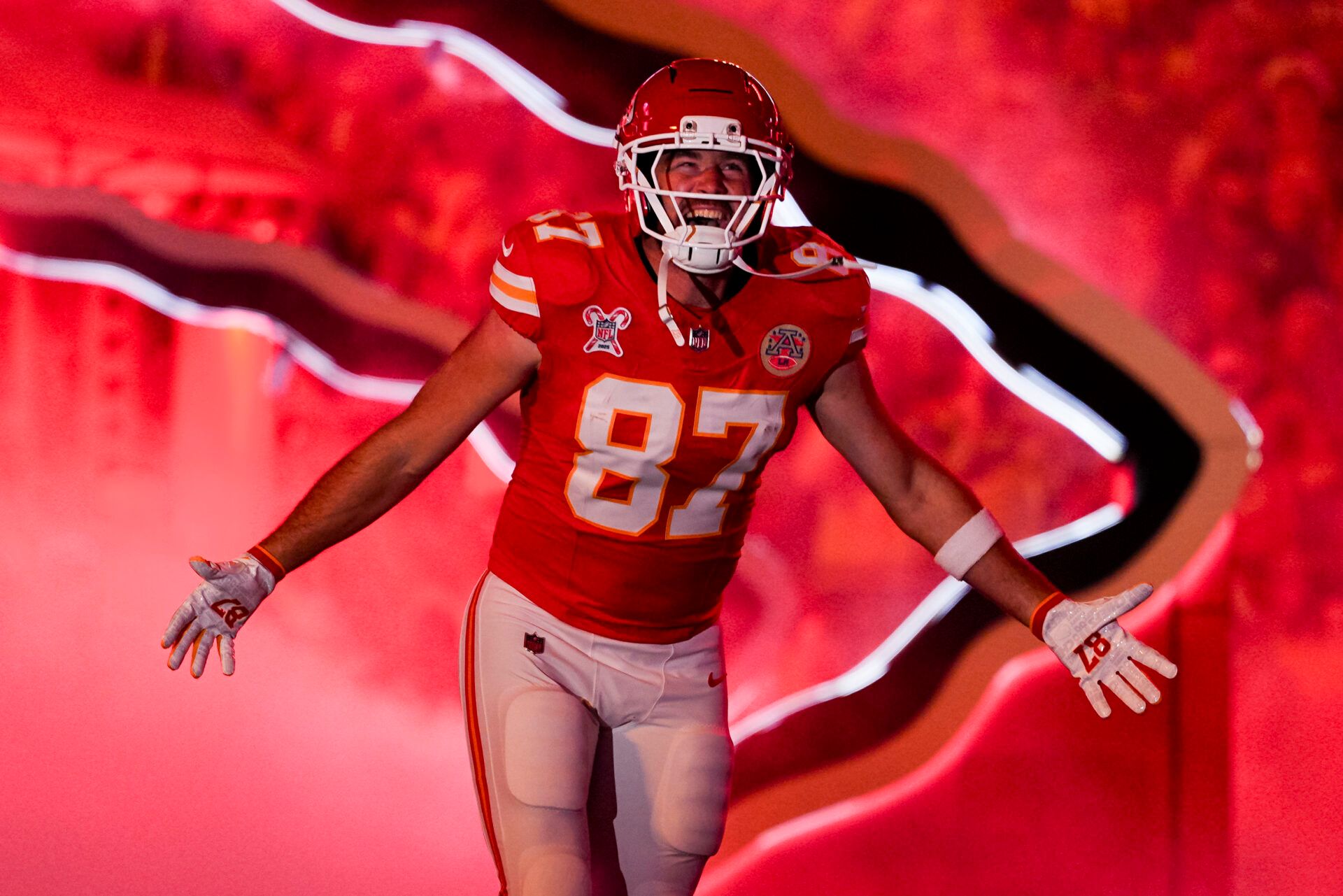 Kansas City Chiefs tight end Travis Kelce (87) takes the field prior to a game against the Denver Broncos at GEHA Field at Arrowhead Stadium.