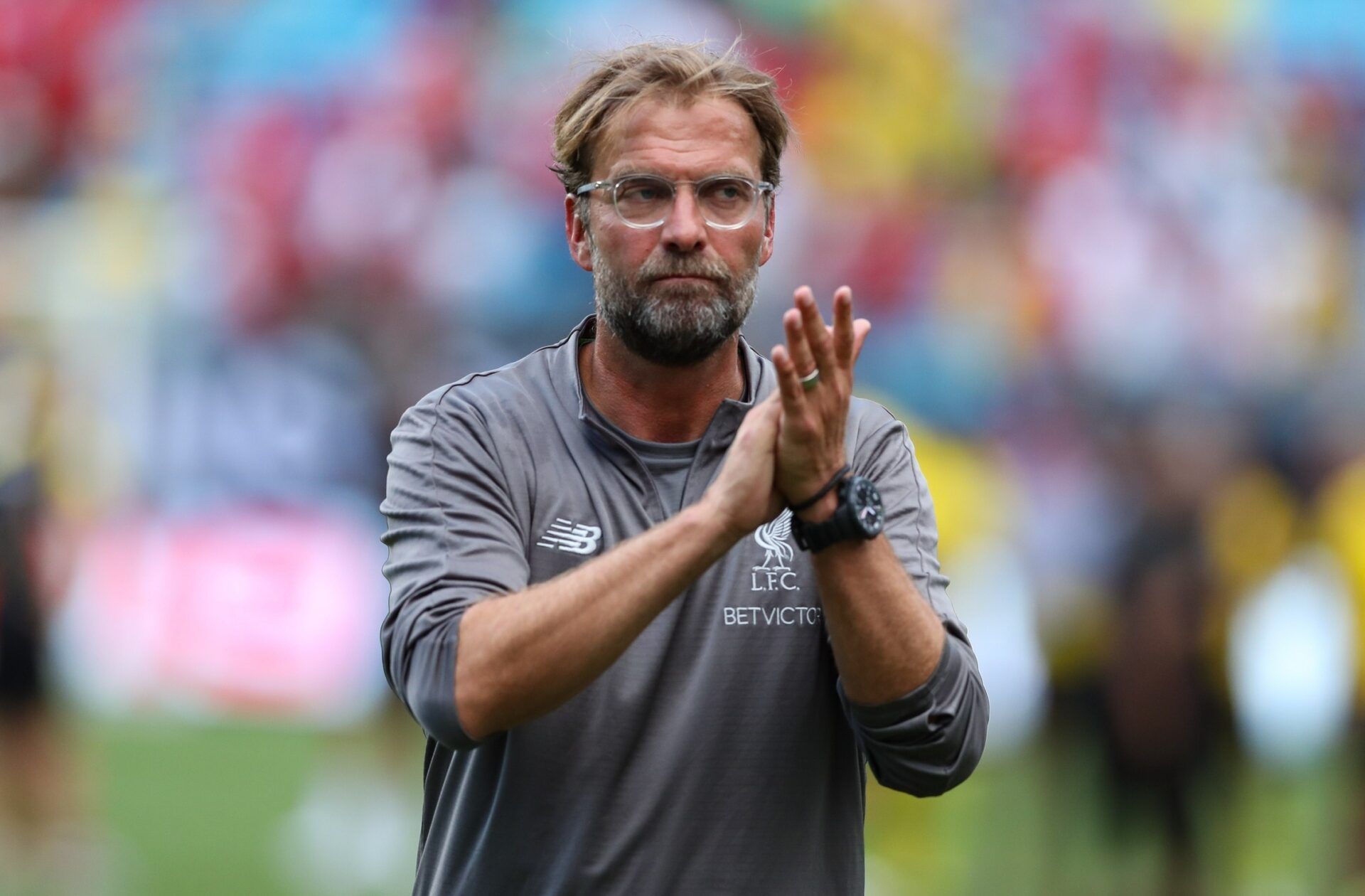 Liverpool Coach Jurgen Klopp applauds the fans after  the second half of an International Champions Cup soccer match between Liverpool and the Borussia Dortmund  at Bank of America Stadium.