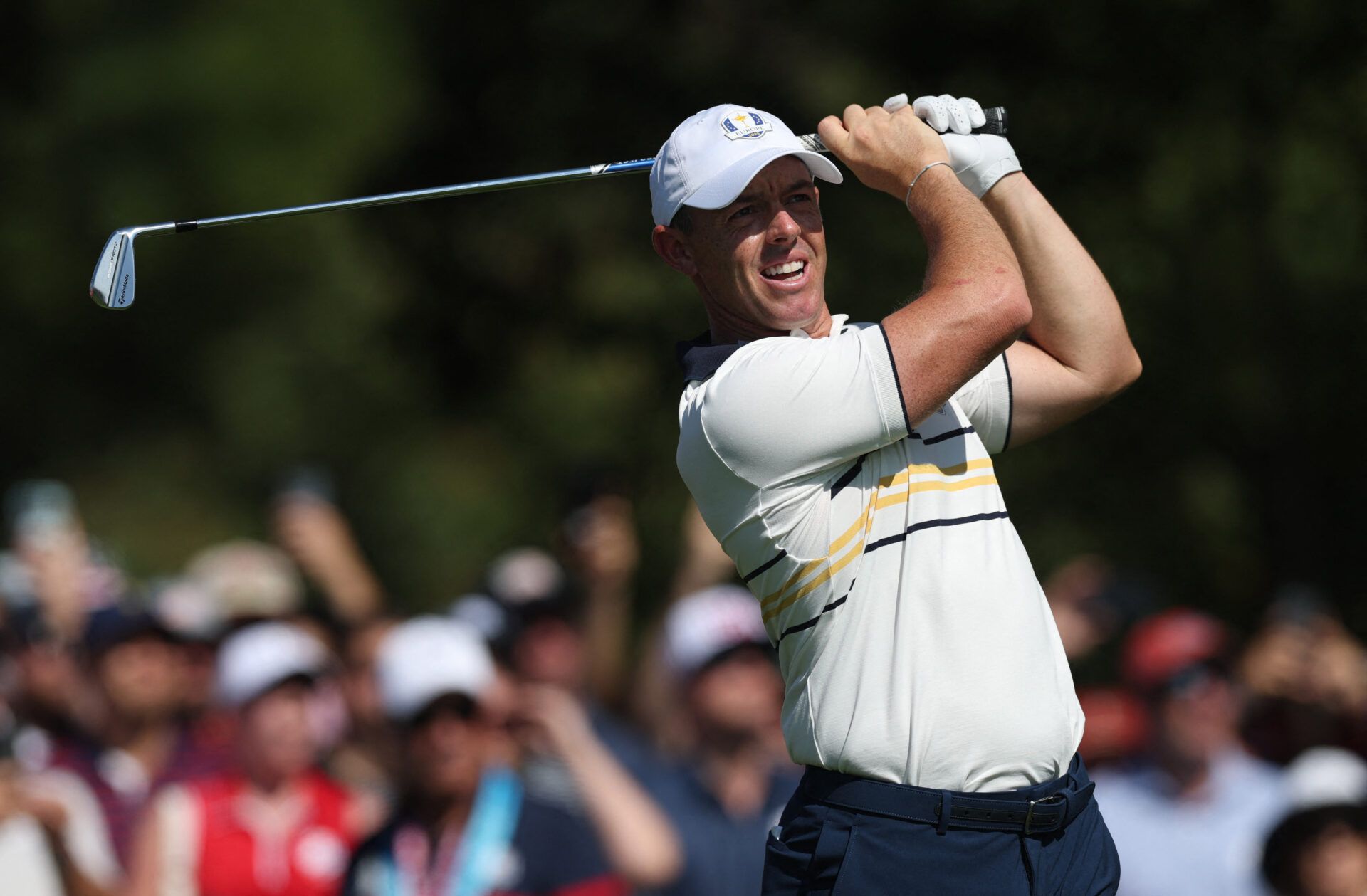 [US, Mexico & Canada customers only] Sep 28, 2025; Bethpage, New York, USA; Team Europe's Rory McIlroy hits his tee shot on the 3rd hole during the singles on the final day of competition for the Ryder Cup at Bethpage Black.