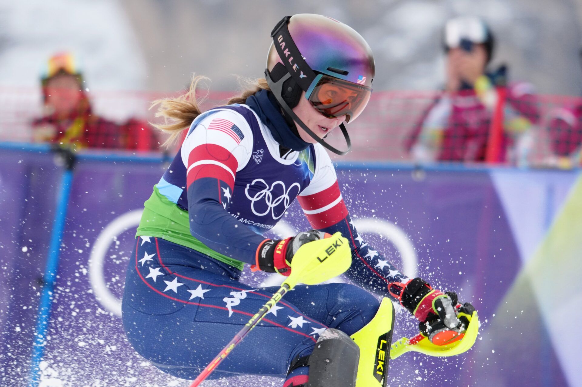Mikaela Shiffrin of the United States during alpine skiing women's team combined during the Milano Cortina 2026 Olympic Winter Games at Tofane Alpine Skiing Centre.