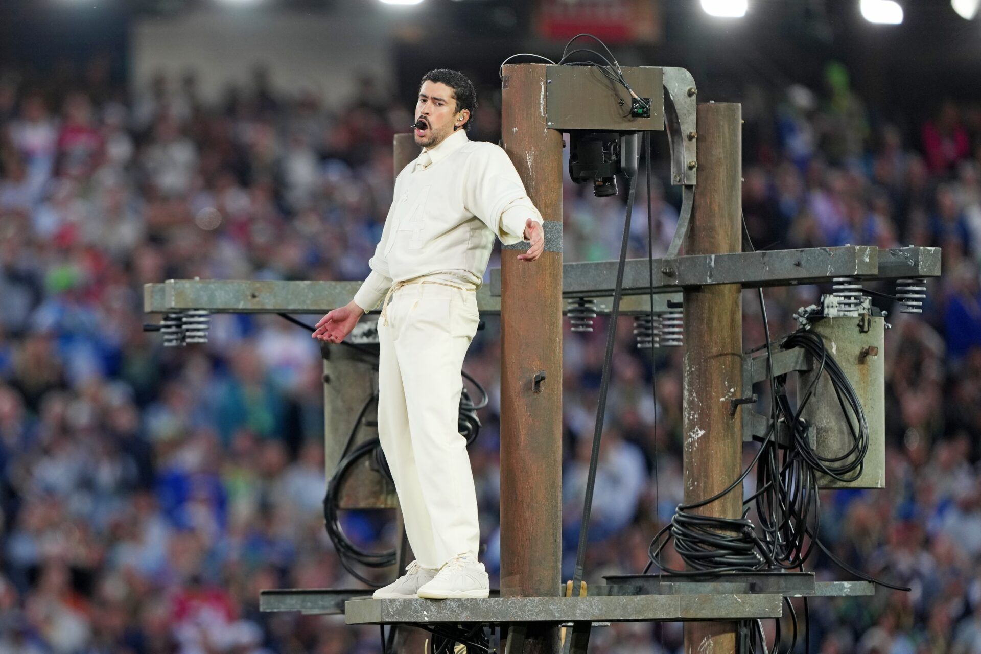 Bad Bunny performs during the Half Time show in Super Bowl LX at Levi's Stadium.