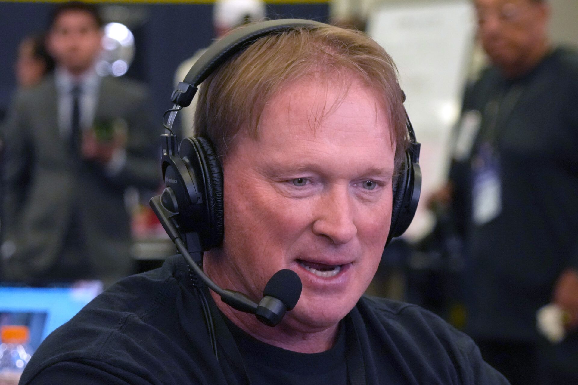 Jon Gruden on radio row at the Super Bowl LX media center at the Moscone Center.