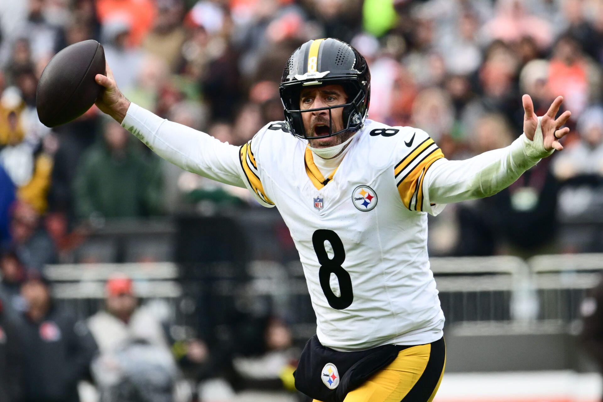 Pittsburgh Steelers quarterback Aaron Rodgers (8) reacts in the second quarter against the Cleveland Browns at Huntington Bank Field.