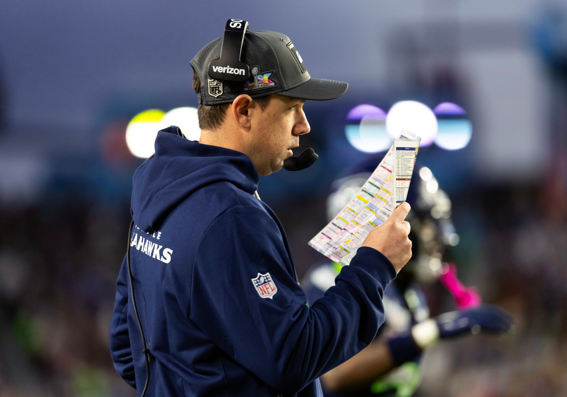 Seattle Seahawks offensive coordinator Klint Kubiak against the New England Patriots during Super Bowl LX at Levi's Stadium.
