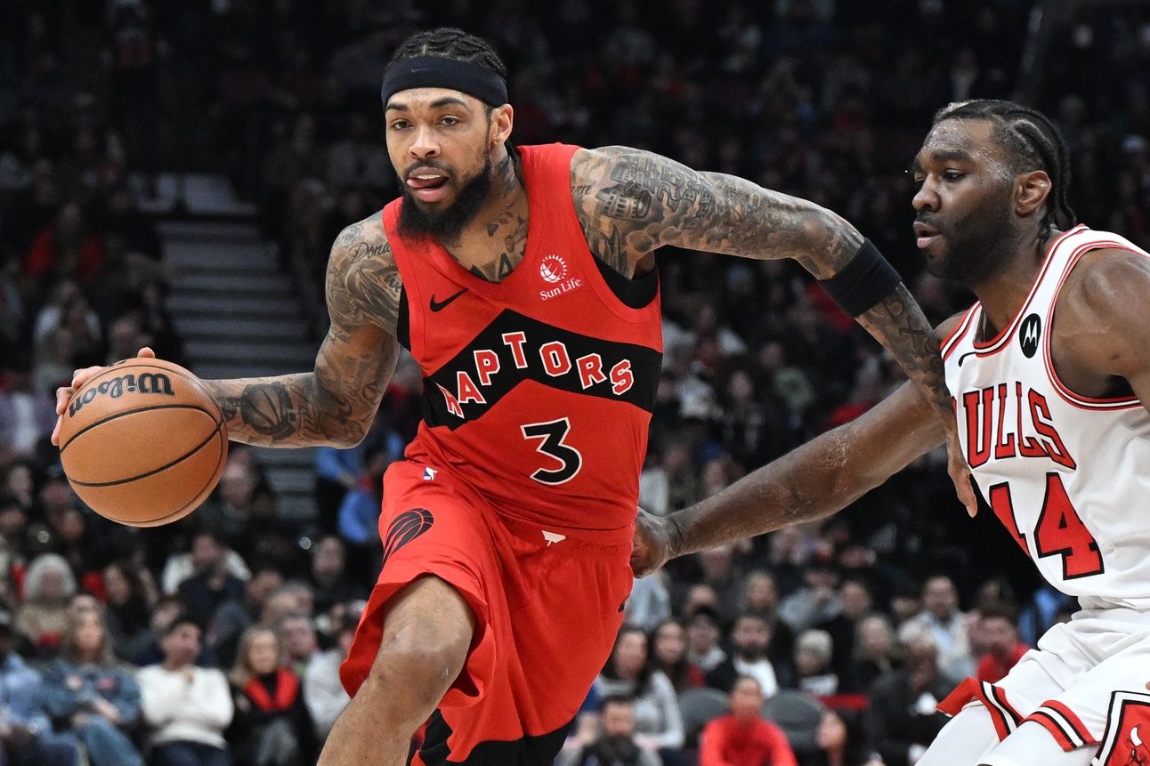 Toronto Raptors forward Brandon Ingram (3) dribbles past Chicago Bulls forward Patrick Williams (44) in the first half at Scotiabank Arena.