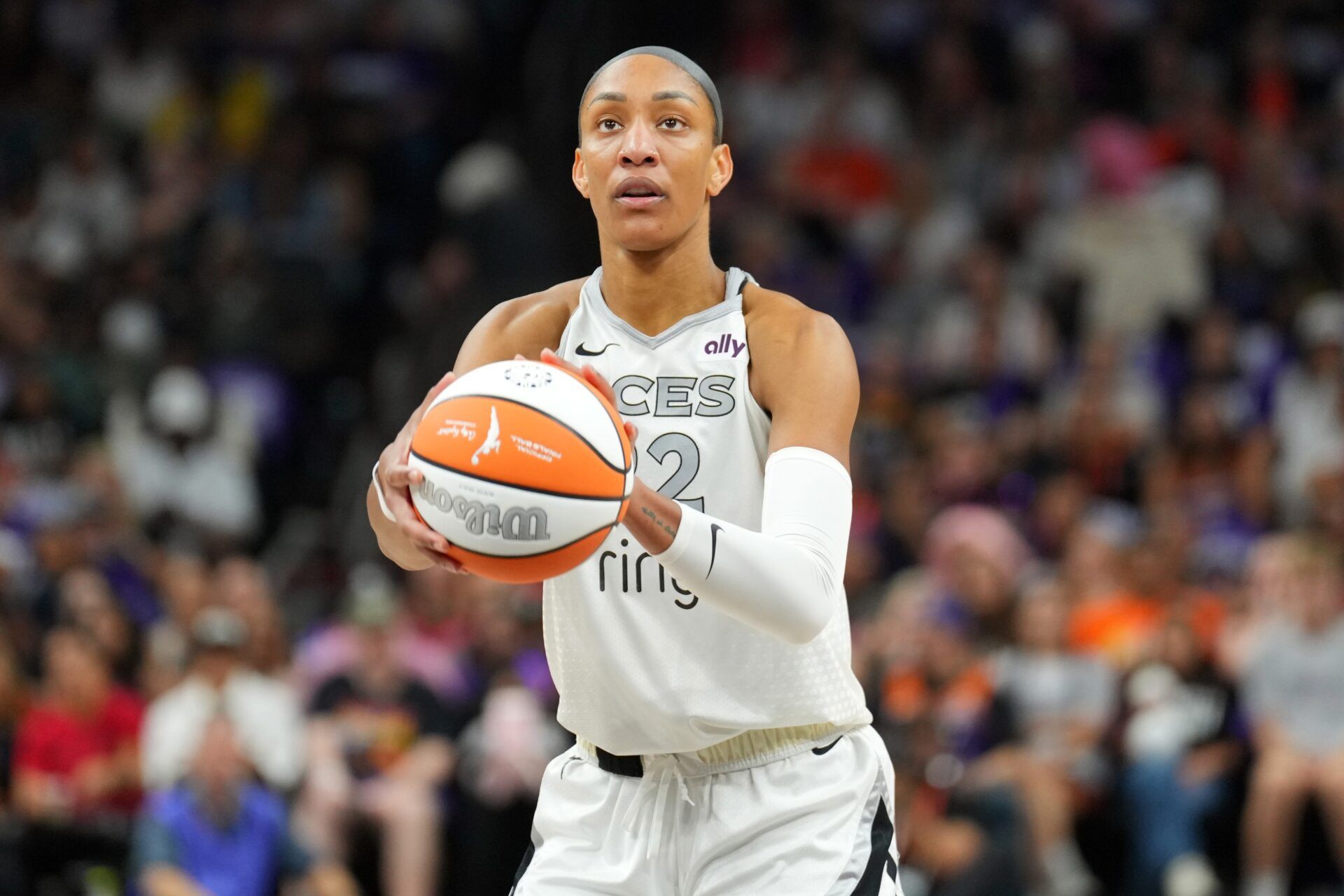 Las Vegas Aces center A'ja Wilson (22) shoots a free throw during the first half of game four of the 2025 WNBA Finals at Mortgage Matchup Center.