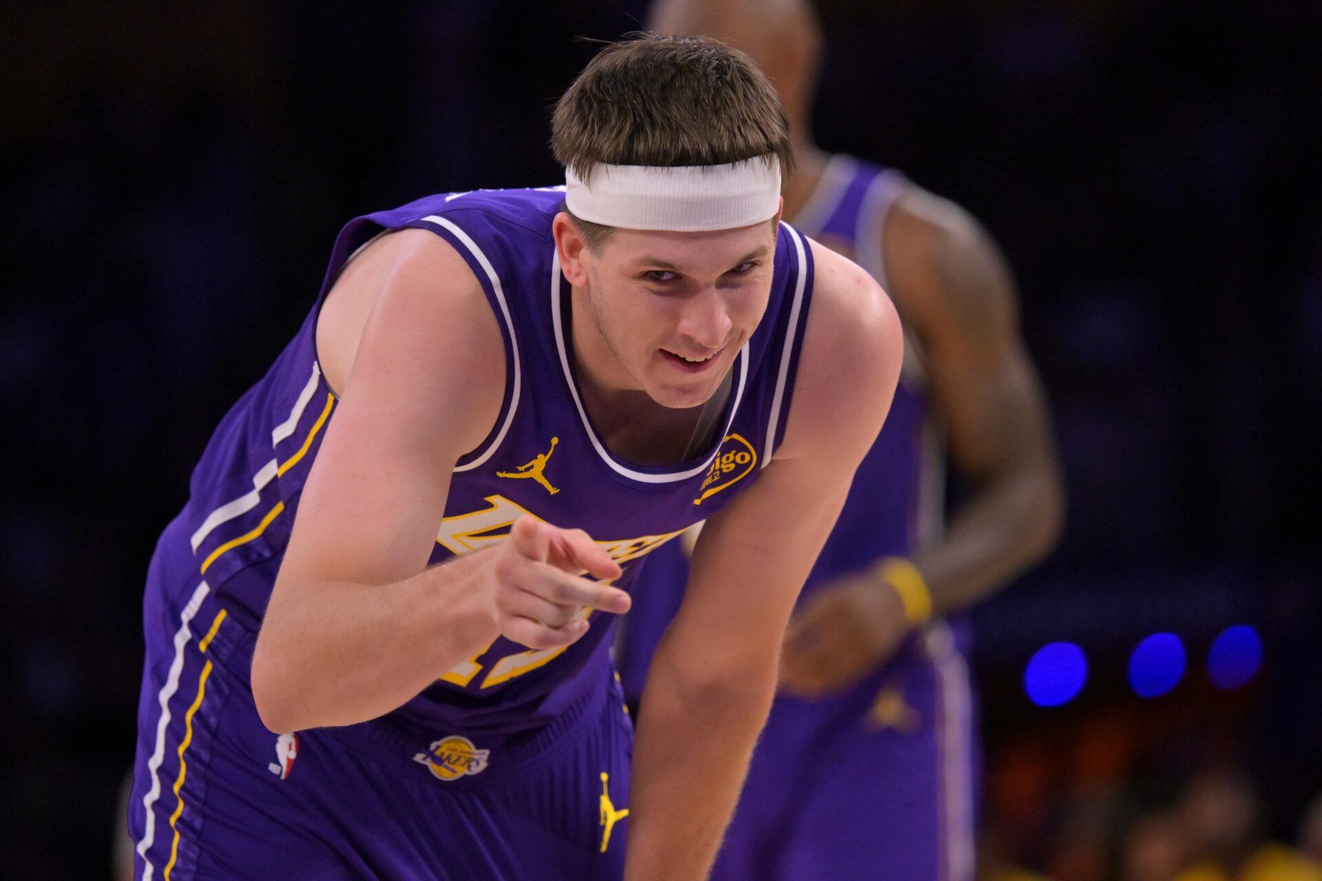 Los Angeles Lakers guard Austin Reaves (15) reacts after a foul in the second half against the Philadelphia 76ers at Crypto.com Arena.