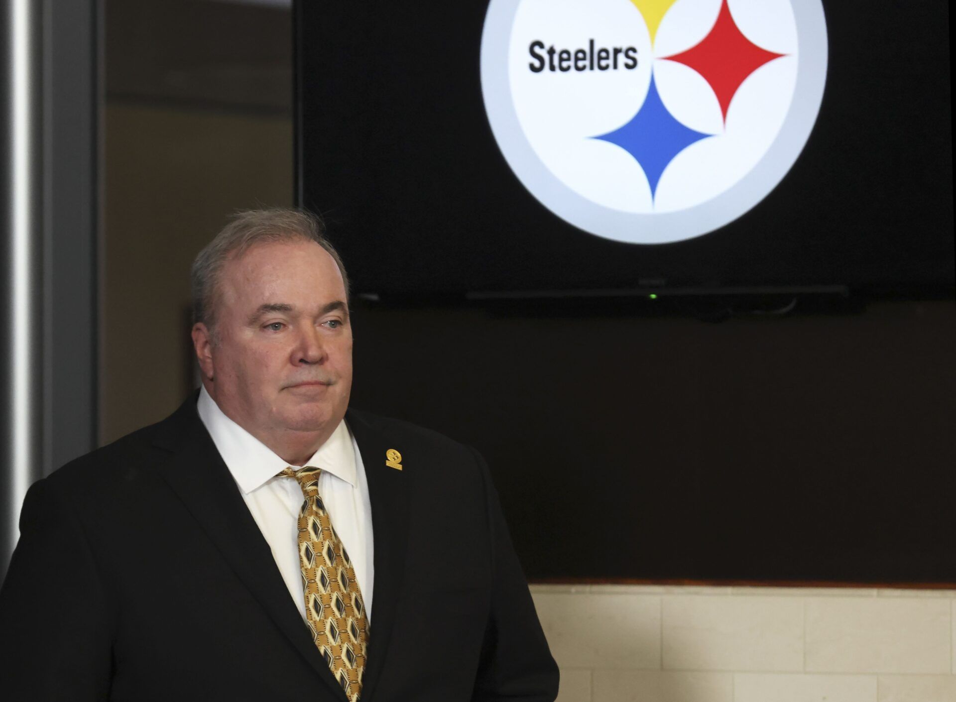 Pittsburgh Steelers head coach Mike McCarthy looks on at a press conference announcing him as the new Pittsburgh Steelers head coach at PNC Champions Club at Acrisure Stadium..
