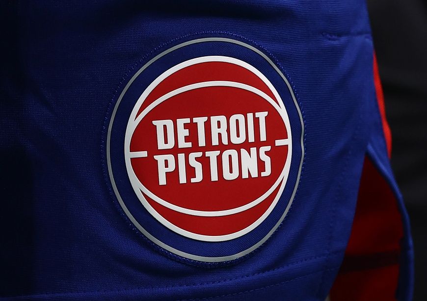 The Detroit Pistons logo is seen during the second quarter of the game between the Boston Celtics and the Detroit Pistons at TD Garden.