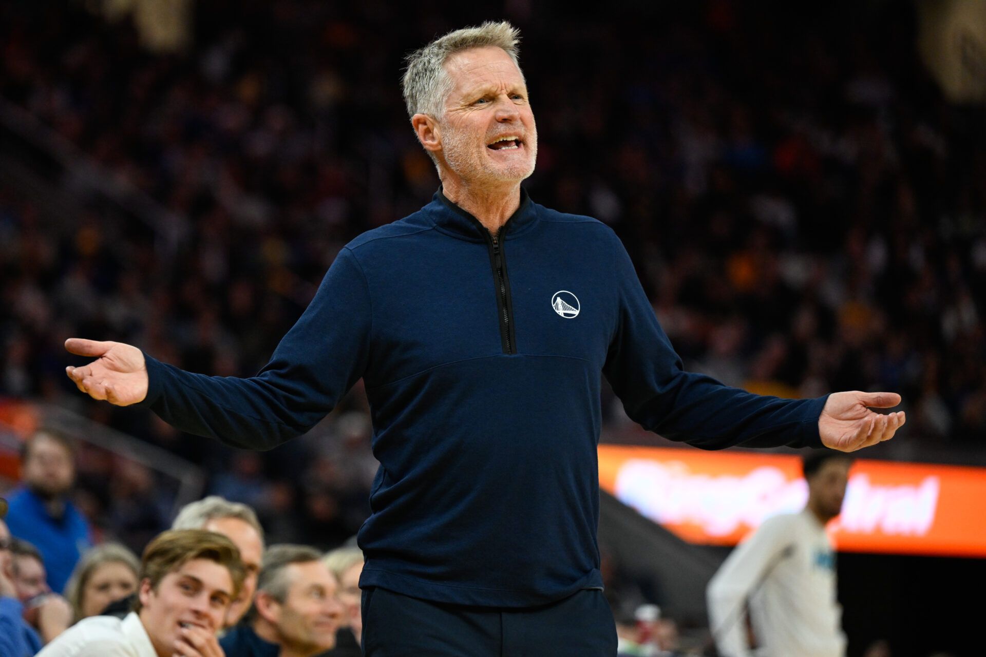 Golden State Warriors head coach Steve Kerr reacts to a call against the Indiana Pacers in the fourth quarter at Chase Center.