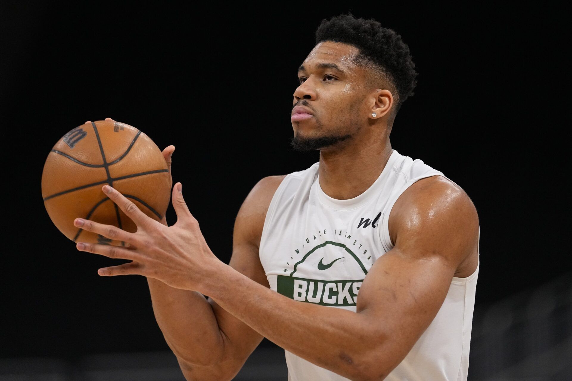 Milwaukee Bucks forward Giannis Antetokounmpo (34) during warmups prior to the game against the New Orleans Pelicans at Fiserv Forum.