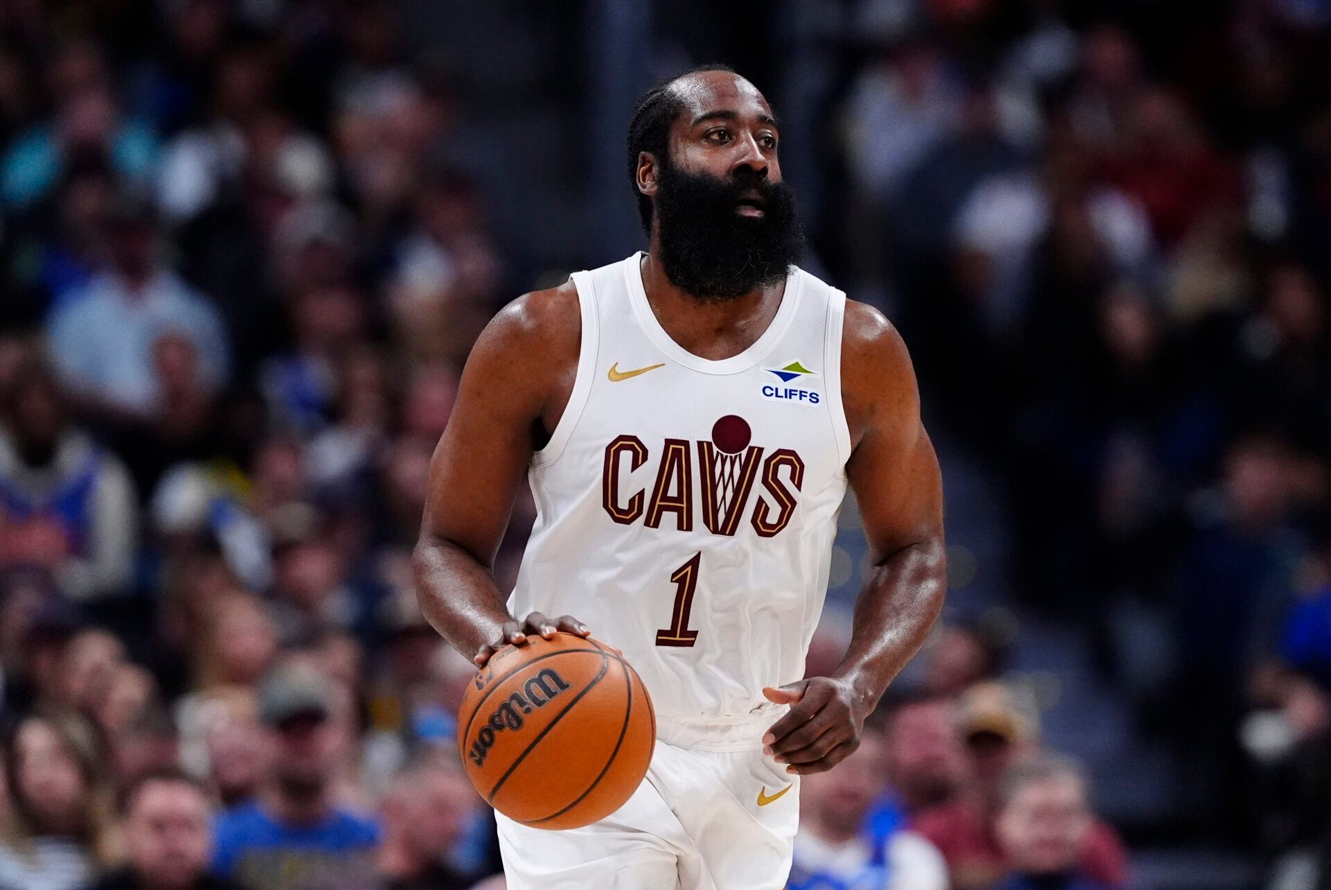 Cleveland Cavaliers guard James Harden (1)  during the second quarter against the Denver Nuggets at Ball Arena.