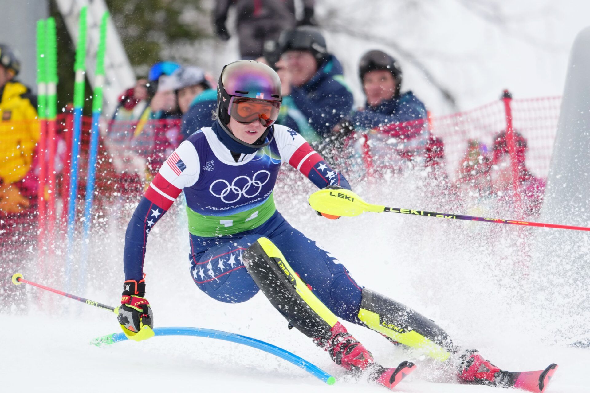 Mikaela Shiffrin of the United States during alpine skiing women's team combined during the Milano Cortina 2026 Olympic Winter Games at Tofane Alpine Skiing Centre.