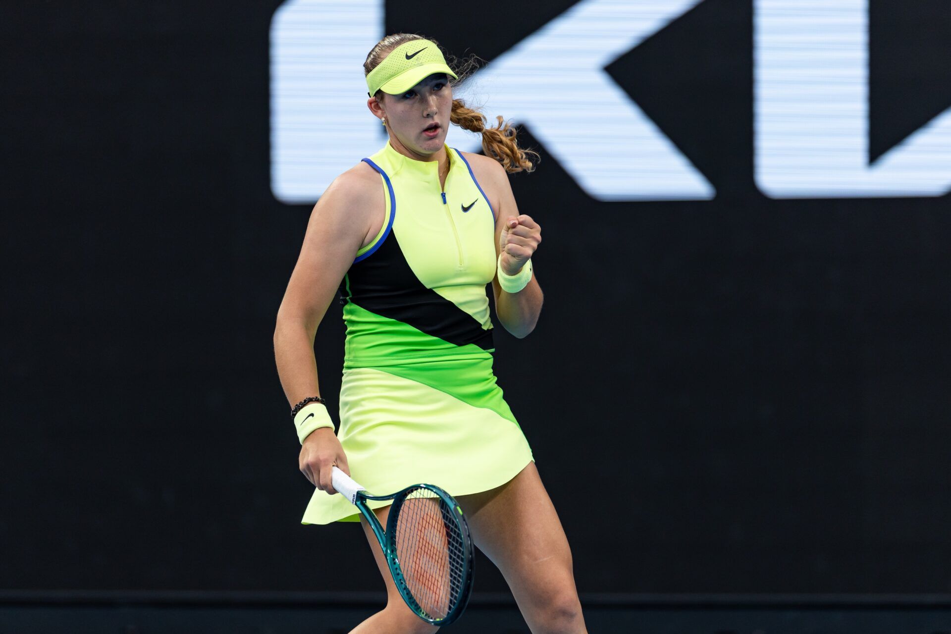Mirra Andreeva in action against Donna Vekic of Croatia in the first round of the women’s singles at the Australian Open at Margaret Court Arena in Melbourne Park.