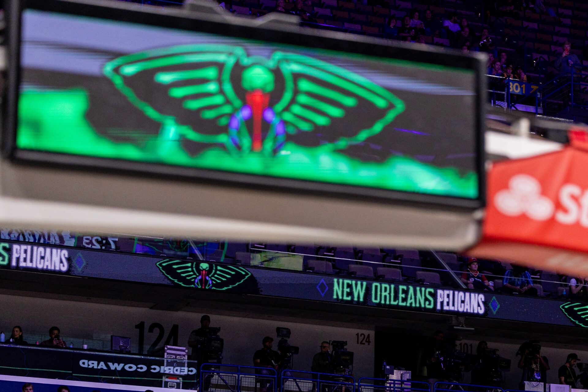 Detailed view of the New Orleans Pelicans logo before the game against the Los Angeles Lakers during the first half at Smoothie King Center.