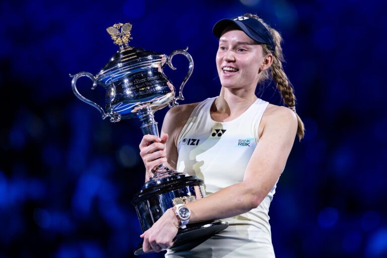 Elena Rybakina of Kazakhstan with the Daphne Akhurst Memorial Cup after her victory over Aryna Sabalenka in the final of the womens singles at the Australian Open at Rod Laver Arena in Melbourne Park.