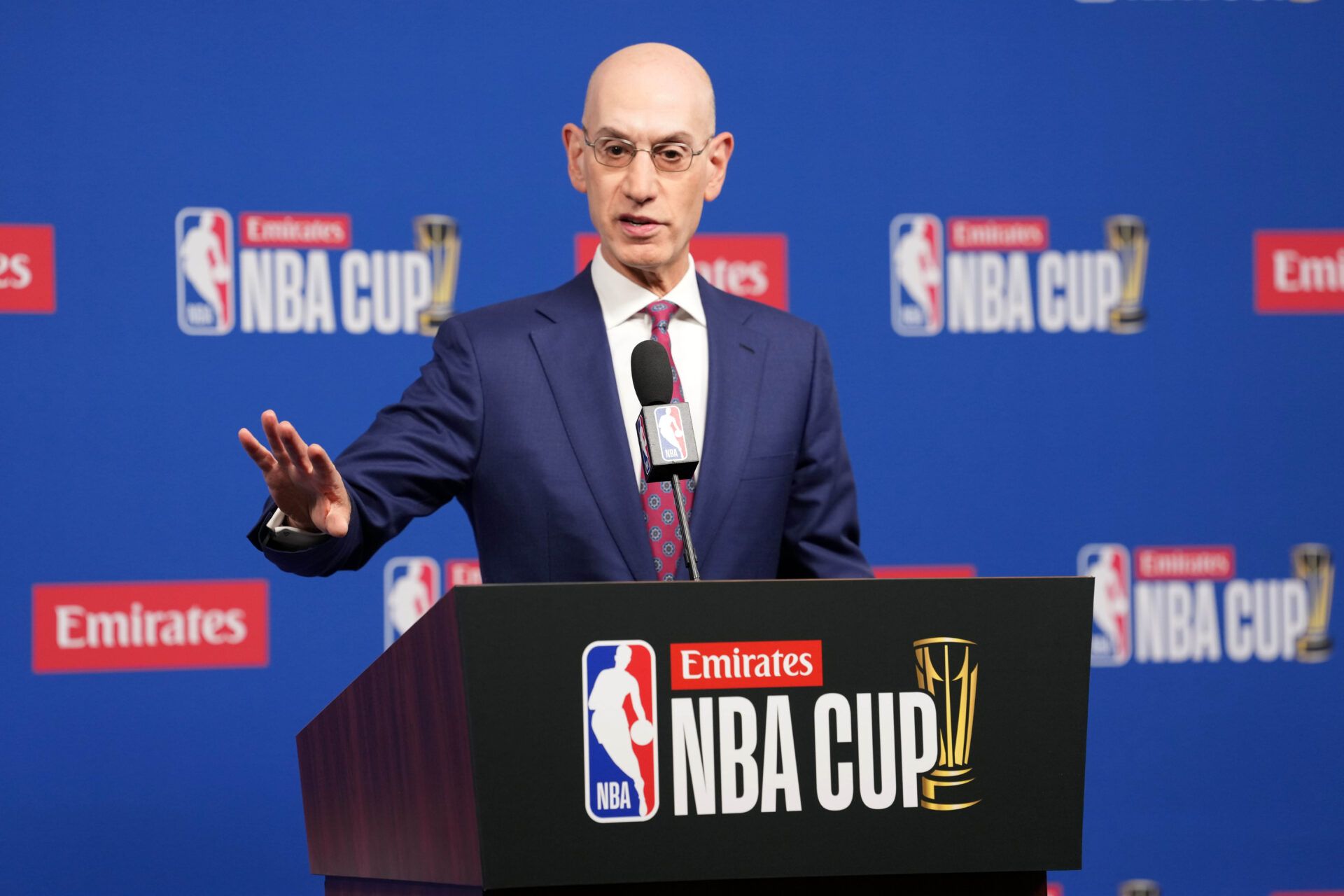 NBA commissioner Adam Silver speaks during press conference at the Emirates NBA Cup Final at T-Mobile Arena.