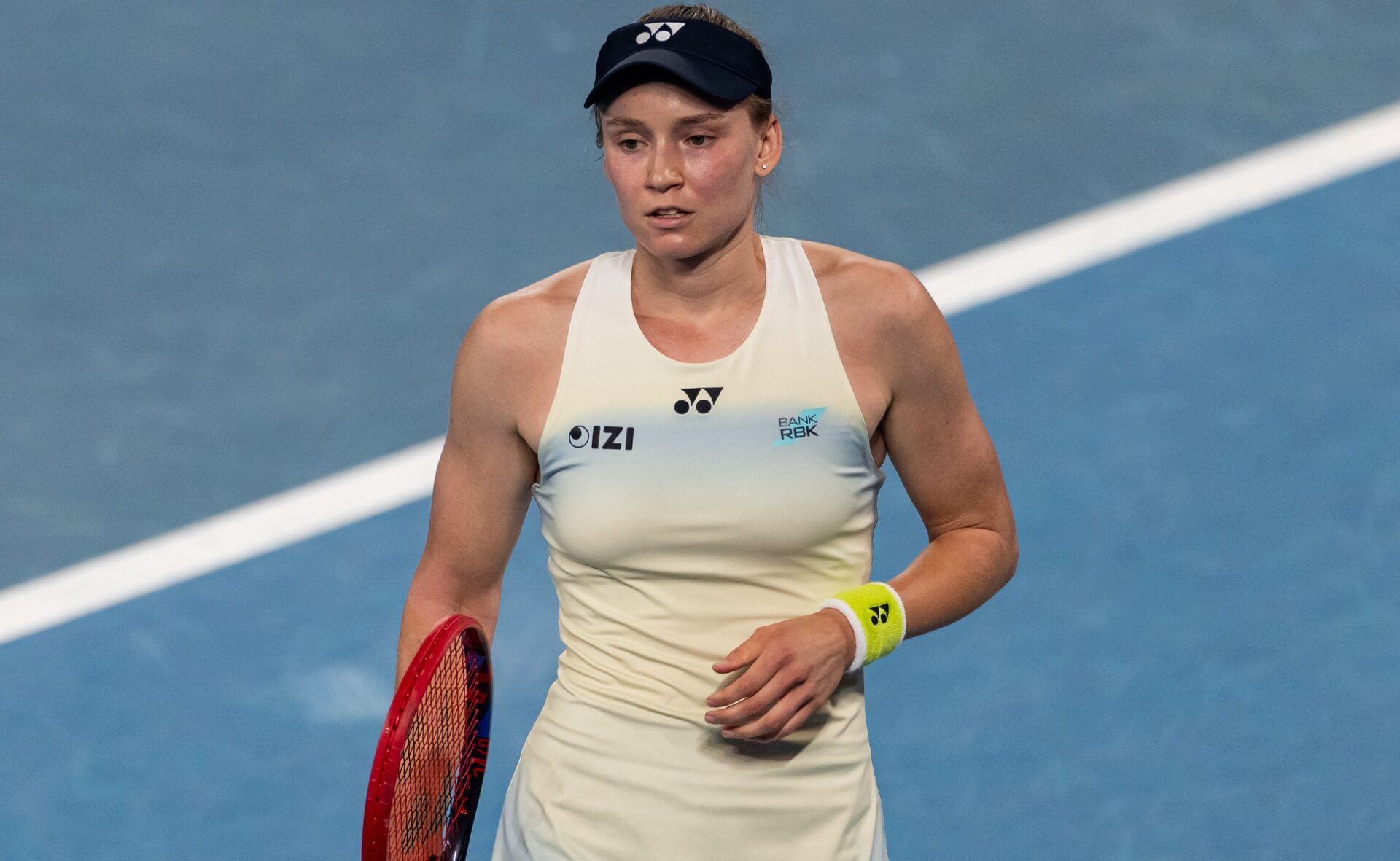 Elena Rybakina of Kazakhstan in action against Jessica Pegula of United States in the semifinals of the womens singles at the Australian Open at Rod Laver Arena in Melbourne Park.