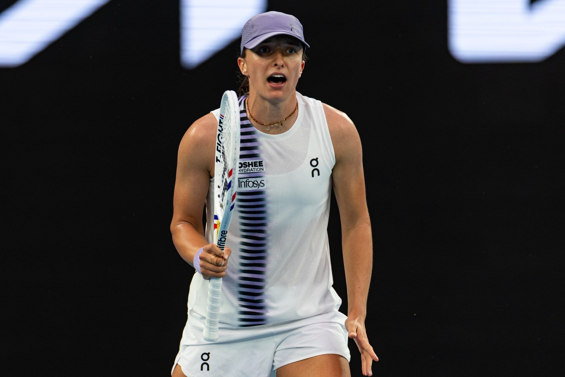 Iga Swiatek of Poland in action against Yue Yuan of China in the first round of the women’s singles at the Australian Open at Rod Laver Arena in Melbourne Park.