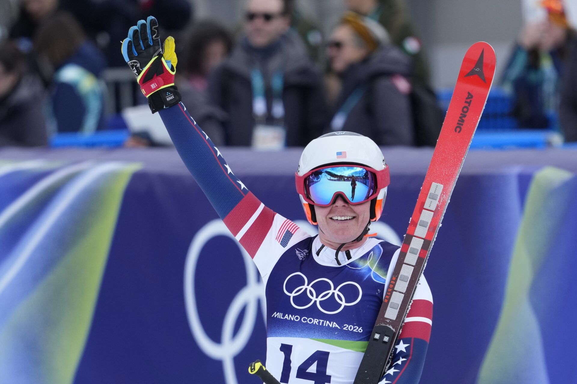Breezy Johnson of the United States reacts during alpine skiing women's team combined during the Milano Cortina 2026 Olympic Winter Games at Tofane Alpine Skiing Centre.
